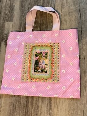 Pink Floral Patchwork Mini Tote Bag Vintage Bunny Mom & Baby Small Handmade Bag